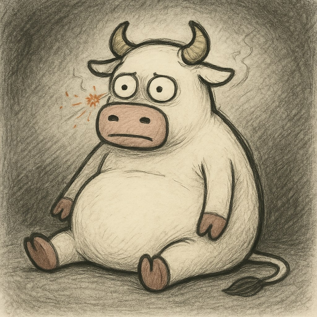 The useless bull sitting with a blank stare, a tiny spark near his face